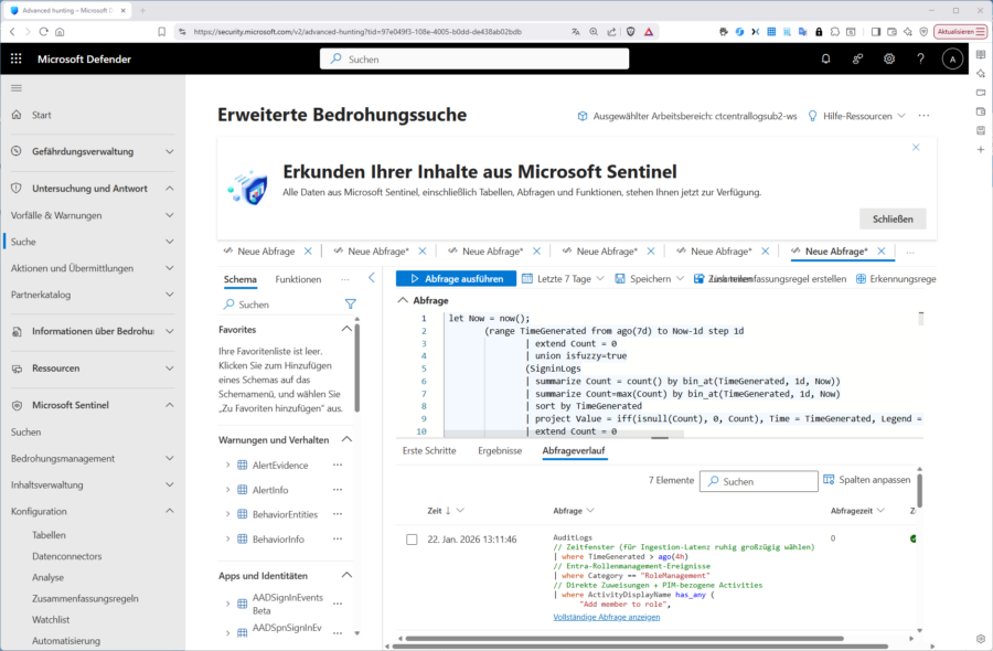Sie können Ihr KQL auch direkt im Defender testen.