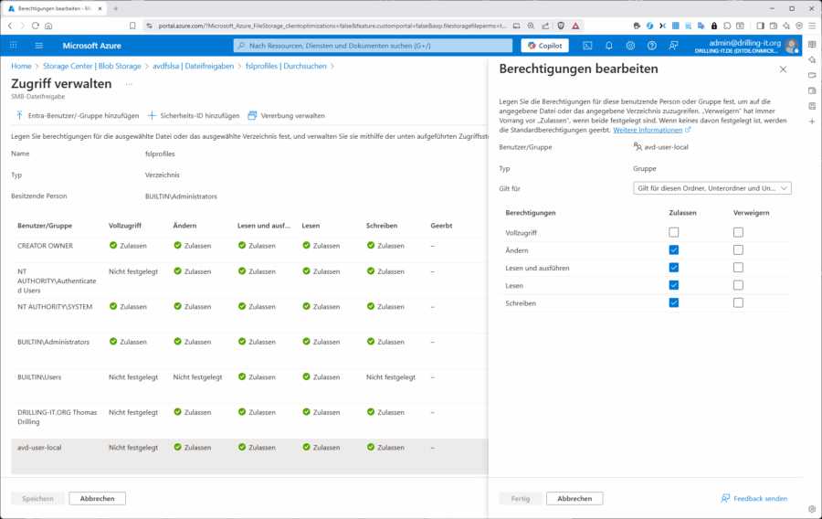 Seit neusten lassen sich NTFS-Berechtigungen für Entra-Kerberos auch ohne Line-of-Sight zum DC im Azure-Portal setzen.