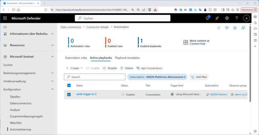 Das Playbook muss nach dem Erstellen als Logik App in Azure-Portal im Defender-Portal als Playbook erkannt und angezeigt werden.