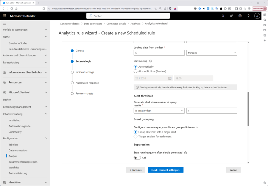 „Alert treshold“, „Event grouping“ und „Suspression" beeinflussen den Algorithmus zur Incident-Erstellung.