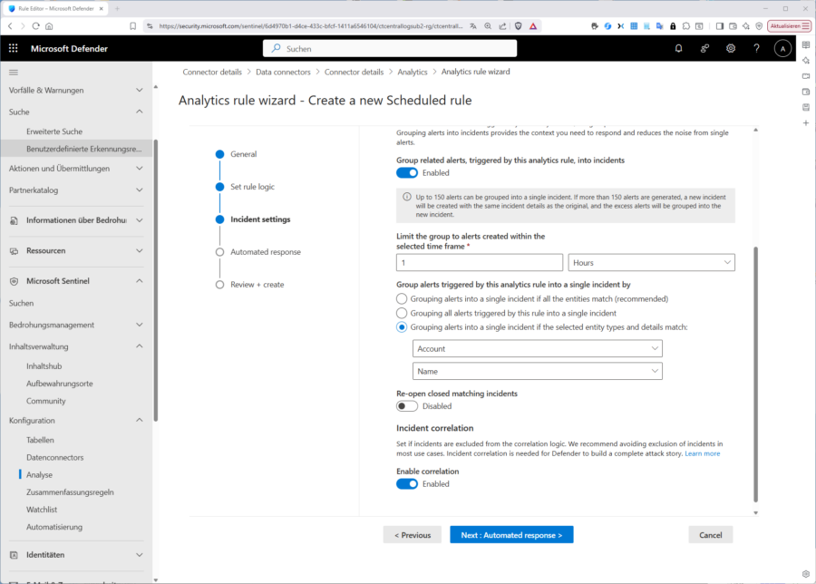 Das "Alert grouping" bestimmt, wie und welche Events zu einem Vorfall gruppiert werden.