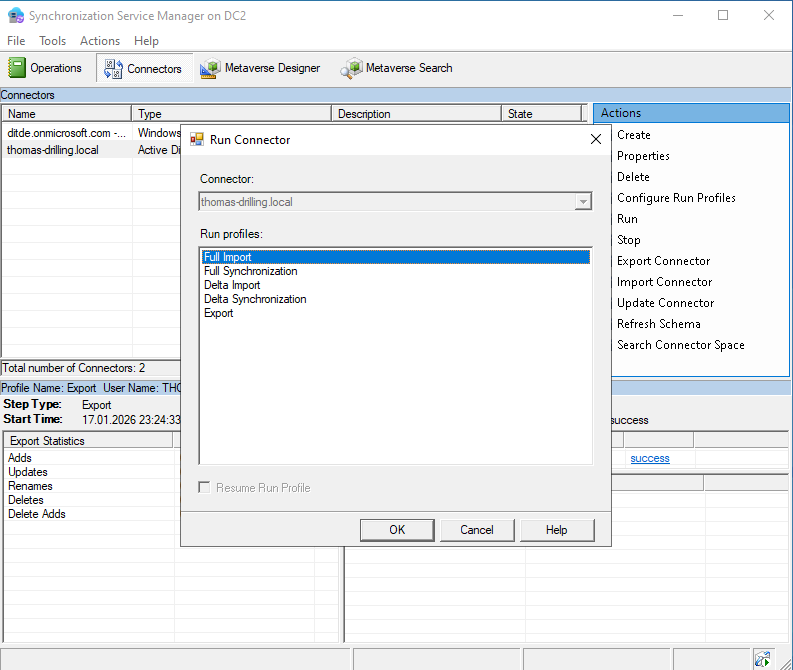 Der Synchronization Manager bietet per GUI Zugang zu Connectoren, Connector Spaces, Metaverse und den Synchronisationsprofilen.