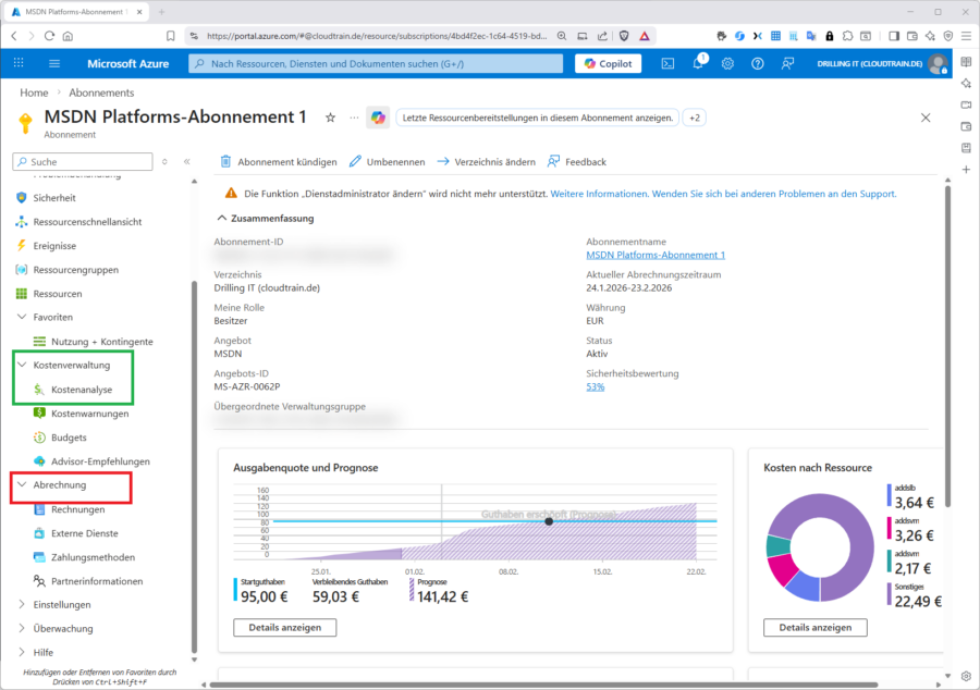 Bei MCA können Sie aus dem Azurfe-Abonnement das Abrechnungsmodul erreichen.