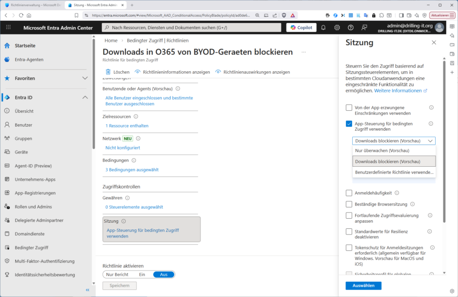In den Sitzungseinstellungen von Conditional Acess lässt sich der Session Proxy aktivieren.