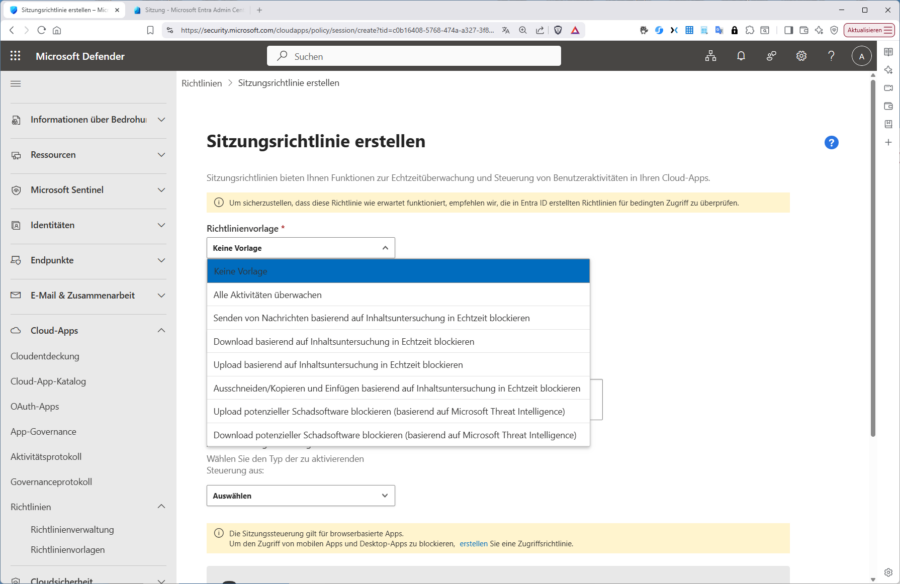 Das Erstellen einer Sitzungsrichtlinie in MDCA.