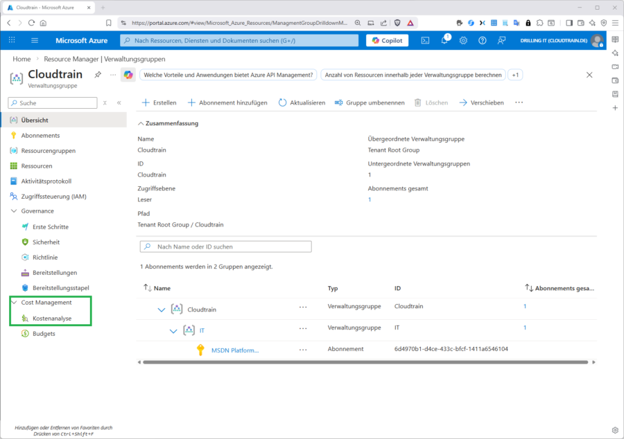 Sie erreichen das Cost-Management von jeder Verwaltungsgruppe aus. 