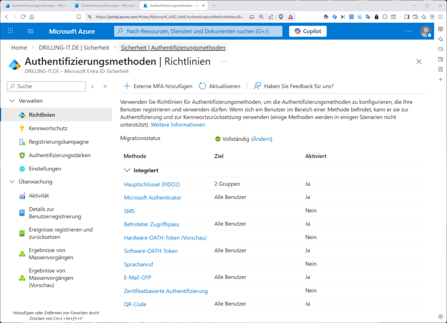 Die in Entra global verfügbaren Authentifizierungsmethoden bestimmen Sie selbst.