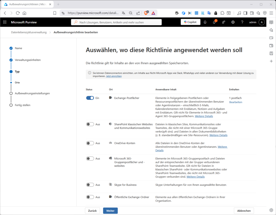 Denken Sie daran, nur die gewünschten Speicherorte (Postfächer) auszuwählen.