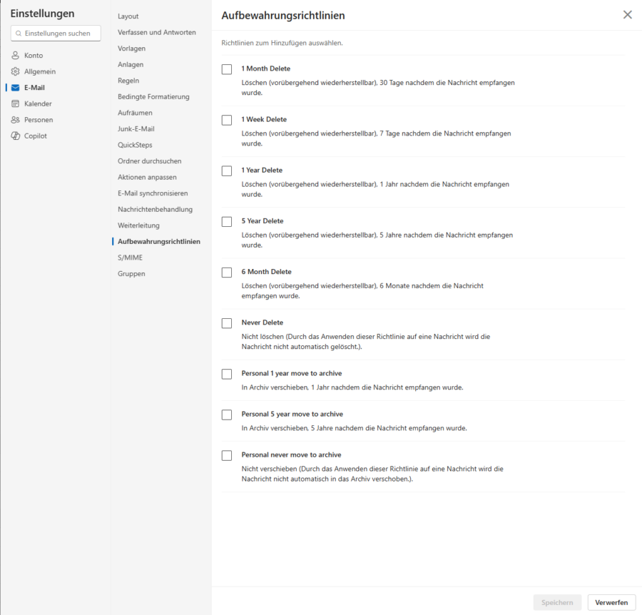 Klassische Exchange Online - Aufbewahrungsrichtlinien.